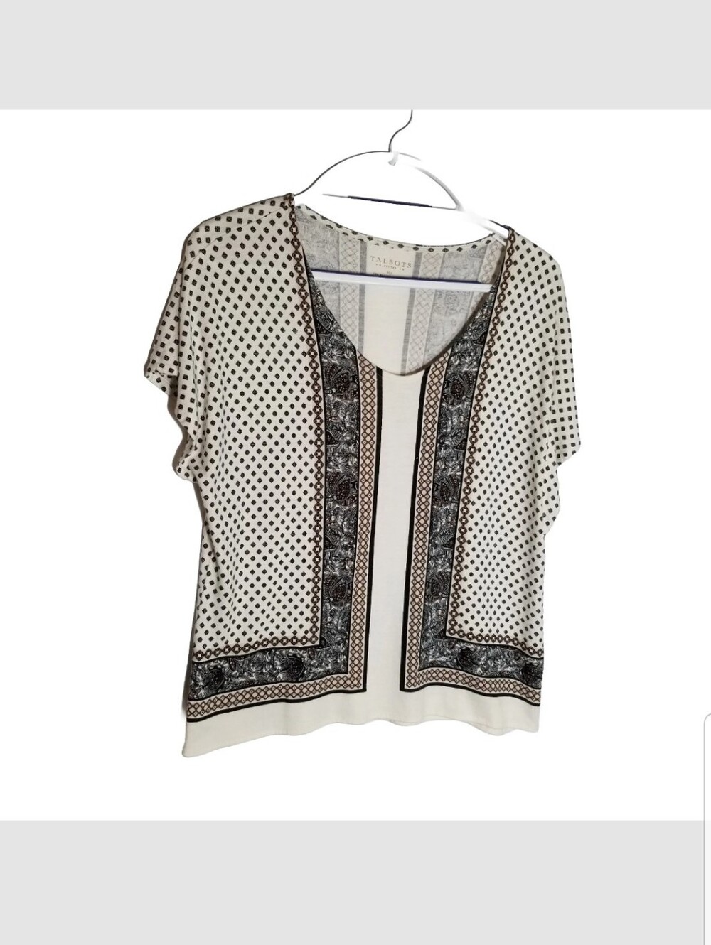 Talbots Top Women's Size Medium Petite White Paisley Cap Sleeves Stretch